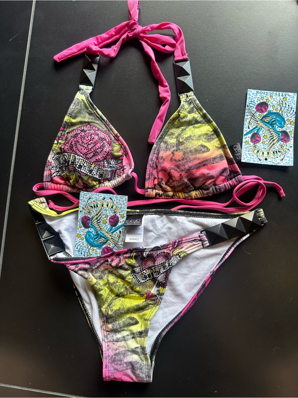 Sinful Pink Yellow Gradient Rose Stud Triangle Bikini